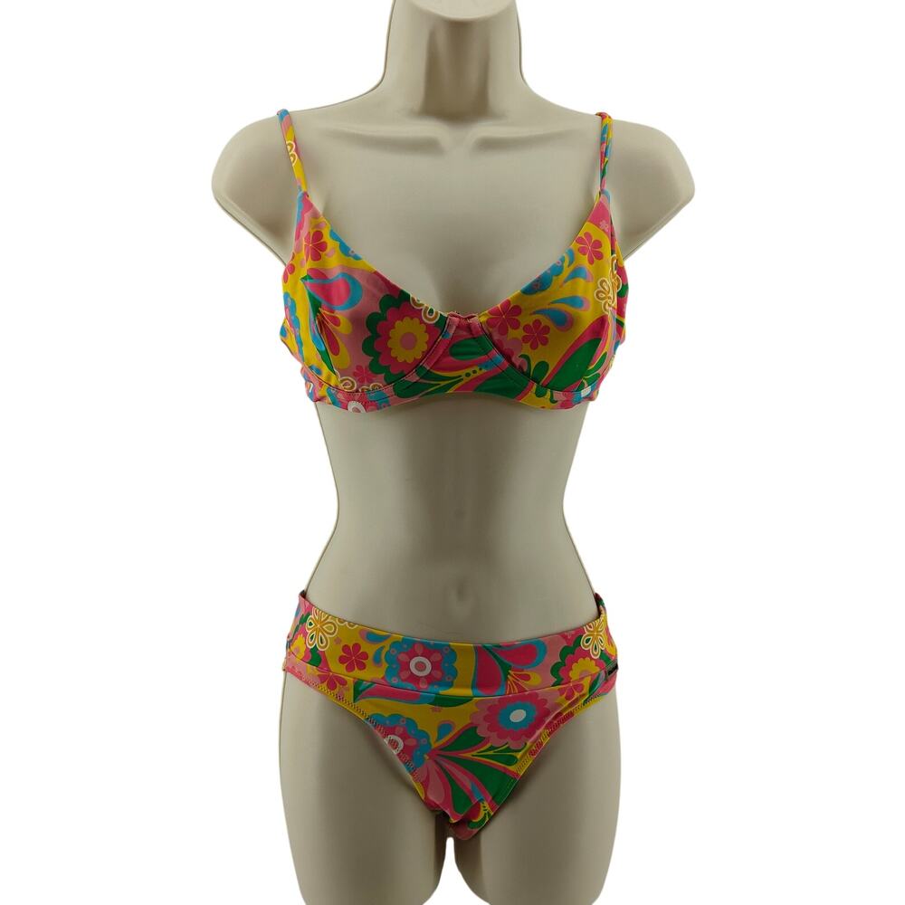 Blackbough 70s Psychedelic Flower Pink Yellow Blue Bikini Set Womens Small